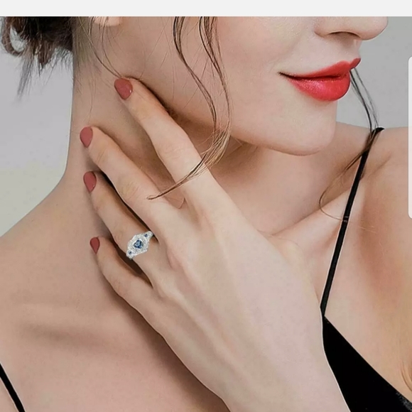Womens Created Blue Opal Love Heart Ring Size 5-10 - Picture 6 of 9